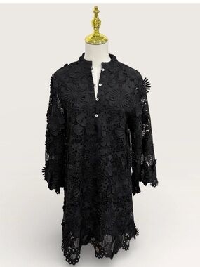 J.Marie Seraphina Shift Dress X-Small Black Floral 3D Lace 3/4 Sleeve Kaftan NWT